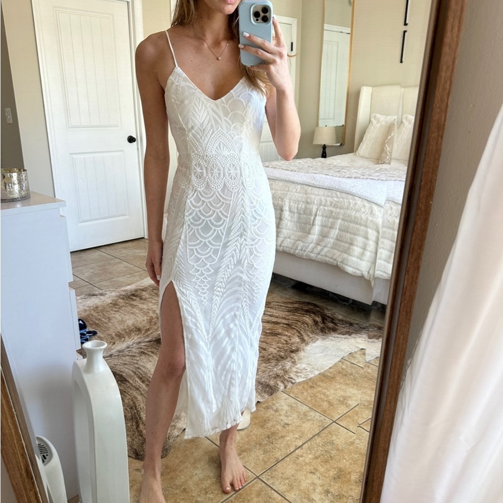 White Lace Slit Maxi Dress